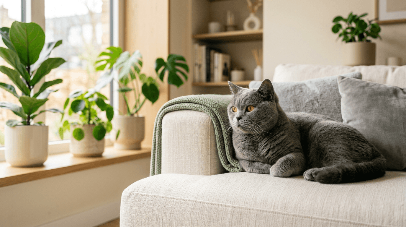 Beautiful British Shorthair cat lounging on a cozy sofa